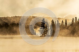 Lake of two rivers algonquin national park ontario canada sunset sunrise with fog foggy mystical atmosphere background