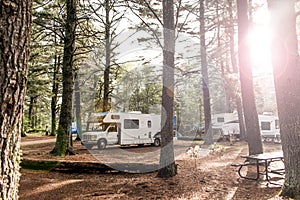 Lake of two rivers Campground Algonquin National Park Beautiful natural forest landscape Canada Parked RV camper car