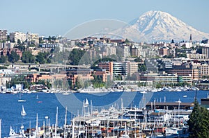 Lake Union, Lees Landing Marina, and Snowcapped Mt Rainier. Seattle, Washington State, USA