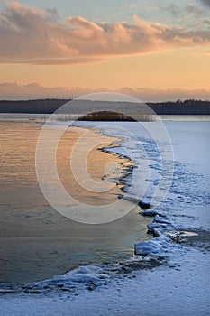 Lake Uvildy in november at sunset in late autumn, Southern Urals, Rusia