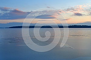 Lake Uvildy in november at sunset in late autumn, Southern Urals, Rusia