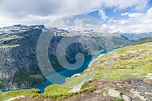 Lake valley and mountain landscape near Trolltunga