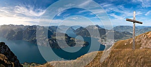 Lake in a valley seen from Fronalpstock summit in Switzerland