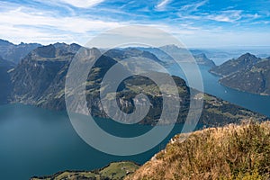 Lake in a valley seen from Fronalpstock summit in Switzerland