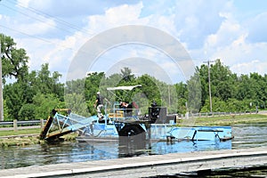 Lake vegetation harvester on shore