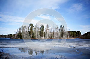 Lake view. Ice is melting in early spring