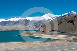 Lake view from Karakoram Highway in Pamir Mountains, Akto County,Kizilsu Kirghiz Autonomous Prefecture, Xinjiang, China.