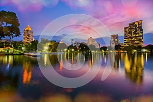 Lake view of Lumpini Park in the Thai capital`s city centre with