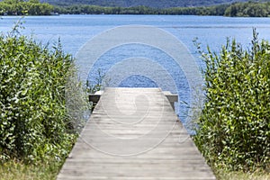 Lake view with wooden walkway in Banyoles,Catalonia,Spain.