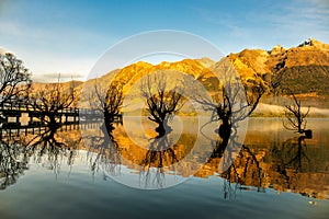 Lake Wakatipu at Glenorchy  under the sunlight Southern Alps