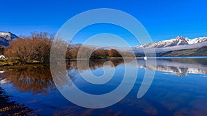 Lake Wakatipu and its perfect reflection of trees and snow mountain