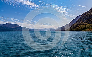 Lake Wakatipu and Southern Alps mountain range, Ka Tiritiri o te Moana, near Walter Peak Otago, New Zealand