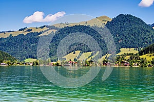 Lake Walchsee near Koessen at the Wilder and Zahmer Kaiser in Tirol, Austria