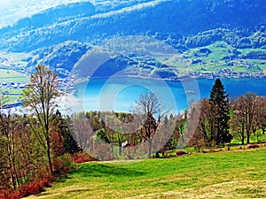 Lake Walensee, between the mountain ranges of Churfirsten and Seeztal subalpine valley, Walenstadtberg - Canton of St. Gallen