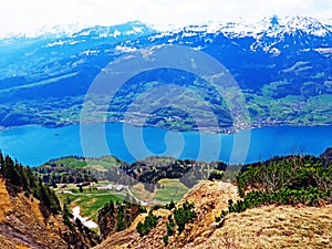 Lake Walensee, between the mountain ranges of Churfirsten and Seeztal subalpine valley, Walenstadtberg - Canton of St. Gallen