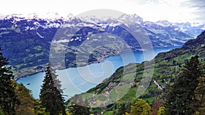 Lake Walensee in the Seeztal valley and between the Churfirsten and Glarus Alps mountain ranges