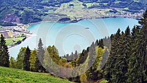 Lake Walensee in the Seeztal valley and between the Churfirsten and Glarus Alps mountain ranges