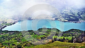 Lake Walensee in the Seeztal valley and between the Churfirsten and Glarus Alps mountain ranges