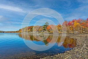 Lake Wallenpaupack in Poconos PA on a bright fall day lined with trees