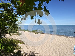 Lake water blue beach dunes sand driftwood log rocks pebbles travel adventure lake michigan