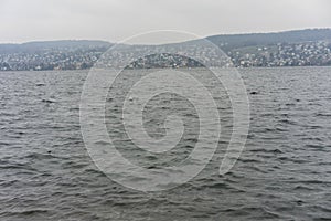 Lake zurich water and mountain landscape with rainy weather