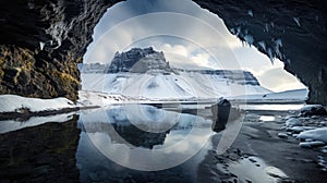 lake in winter, lake and mountains, lake in the mountains, iceland landscape in winter with a black ice cave