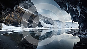 lake in winter, lake and mountains, lake in the mountains, iceland landscape in winter with a black ice cave