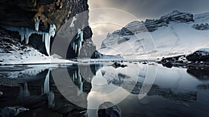 lake in winter, lake and mountains, lake in the mountains, iceland landscape in winter with a black ice cave