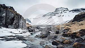 lake in winter, lake and mountains, lake in the mountains, iceland landscape in winter with a black ice cave