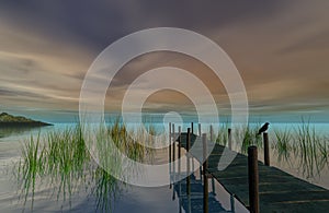 Lake and wood dock on in late afternoon, 3d rendering