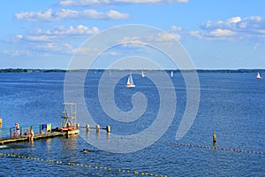 Lake and wooden pier photo