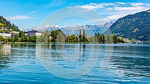 Lake Zell, German: Zeller See, and mountains on the backround. Zell am See, Austrian Alps, Austria