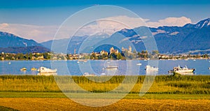 Lake Zurich with the historic town of Rapperswil at sunset, Switzerland