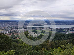 Lake Zurich and Zurich city aerial view