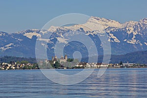 Lake Zurichsee and snow capped mountain Grosser Speer photo