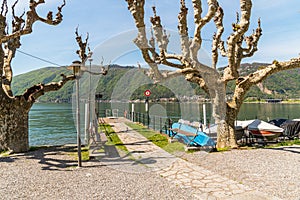 Lakefront in Bissone with the pier, overlooks of Lake Lugano, Switzerland