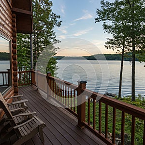 Lakefront Log Cabin Deck Sunset View