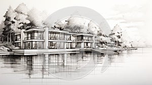 Lakefront Luxury Villa: Modern House Drawing In Pencil