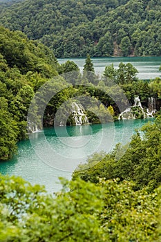 Lakes with cascades among mountains