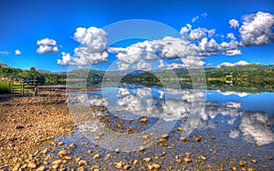 The Lakes English Lake District England UK at Ullswater with mountains and blue sky on beautiful summer day