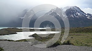 Lakes with mist and clouds at .Torres del Paine