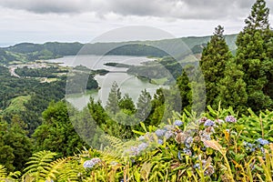 Lakes of Sete Cidades from the Miradouro da Vista do Rei on the island of Sao Miguel in the Azores, Portugal