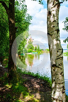 Lakeshore with the Church of the Forty Martyrs of Sebaste in the background in Pereslavl-Zalessky