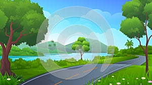 Lakeside asphalt road with beautiful lake or sea, trees and mountain landscape