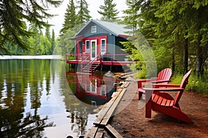 lakeside cabin with a red canoe at its dock