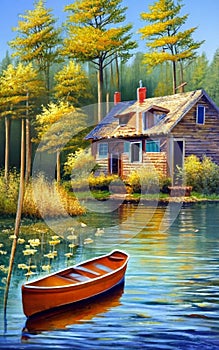 Lakeside cabin with a rowboat, embraced by peaceful nature. painting