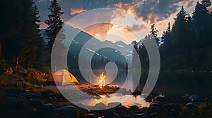 Lakeside Camping Fire Sunset Mountain
