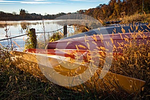 Lakeside canoes upside down in autumn photo