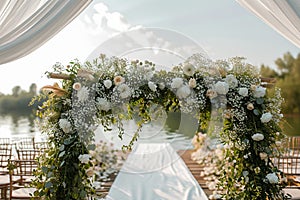 Lakeside elegance romantic wedding ceremony, white flowers, luxurious setup