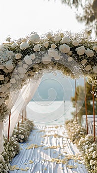 Lakeside elegance romantic wedding ceremony, white flowers, luxurious setup
